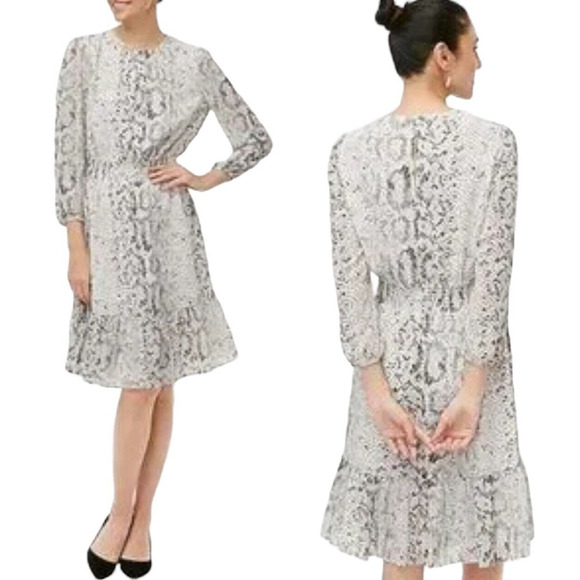 J. Crew Dress Cream Puff Sleeve Sheer Flounce Snakeskin Python - Picture 3 of 12